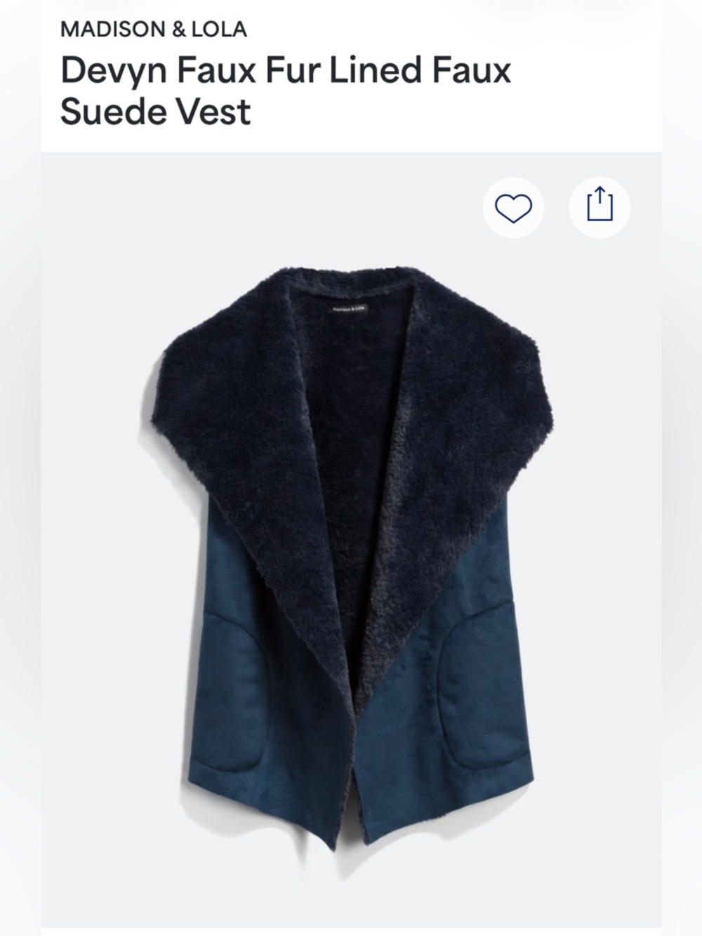 Madison & Lola Devyn Faux Fur-Lined Vest in Navy